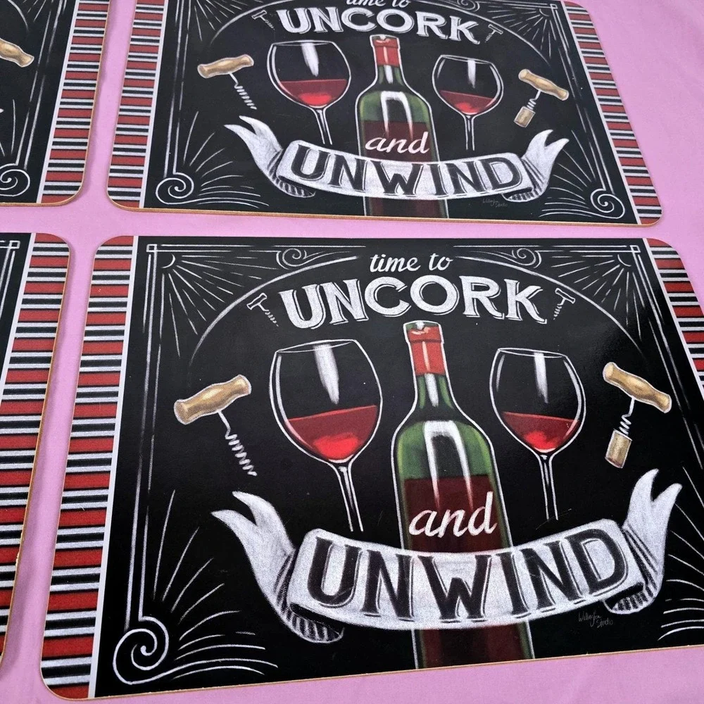 Wellington Studio Wine Placemats Set of 4 Cork Back Uncork and Unwind Chalkboard